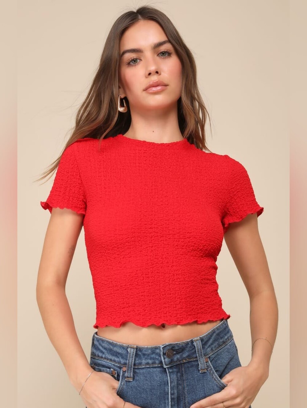 Lulus Truly a Sweetie Red Smocked Crop Top Lettuce Edge Short Sleeve Large